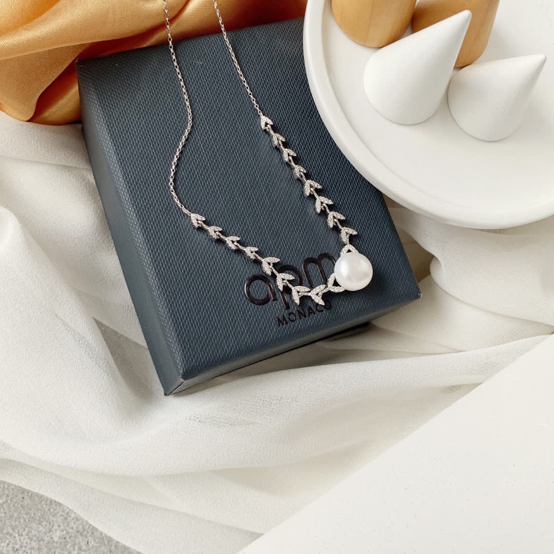APM Monaco Pearl and Diamond Leaf Necklace